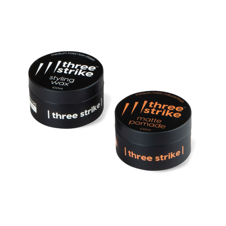 Duo styling bundle by Three Strike Grooming featuring matte pomade and styling wax for versatile hair styling