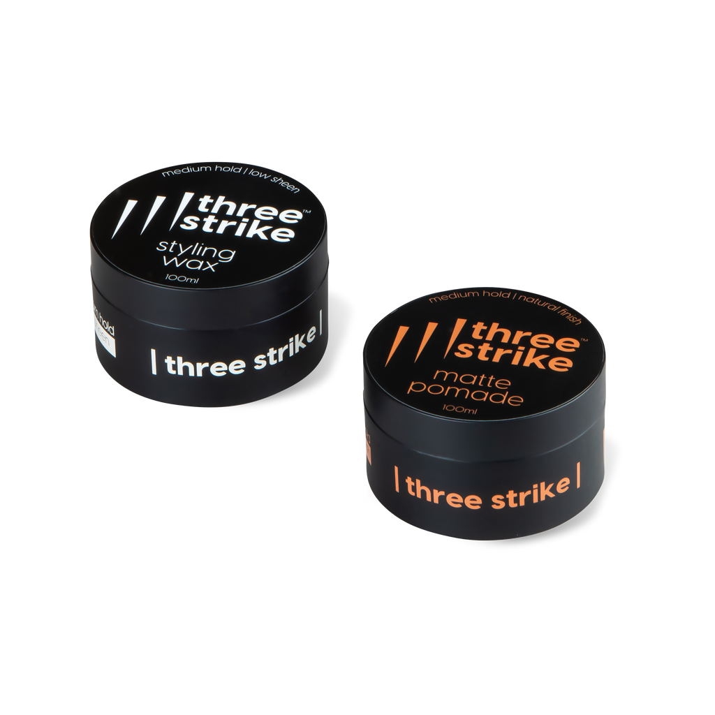 Duo styling bundle by Three Strike Grooming featuring matte pomade and styling wax for versatile hair styling