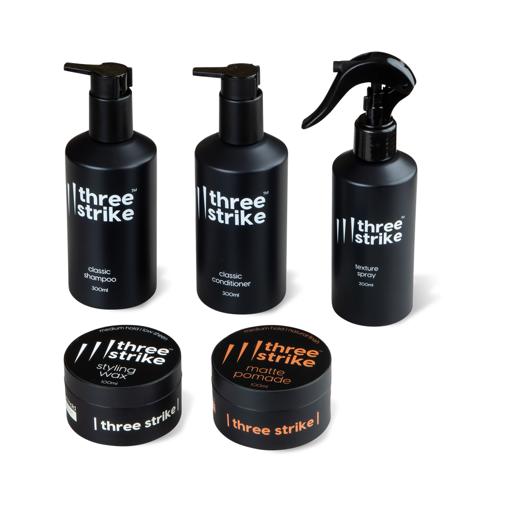 Three Strike Grooming full bundle featuring all men’s grooming products – shampoo, conditioner, styling wax, texture spray, and matte pomade