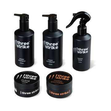 Three Strike Grooming full bundle featuring all men’s grooming products – shampoo, conditioner, styling wax, texture spray, and matte pomade