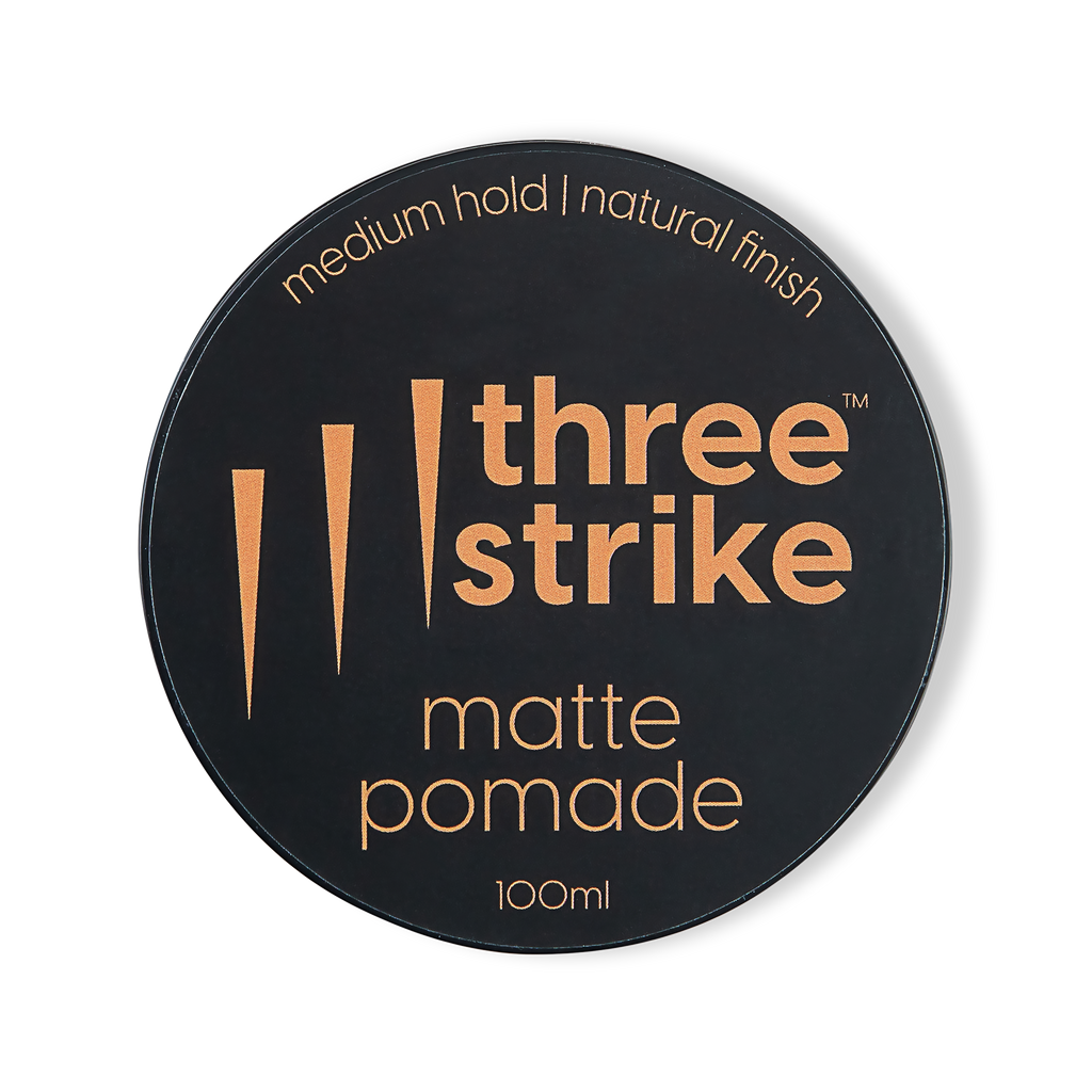 Three Strike Grooming matte pomade for men – medium hold with natural finish and easy washout