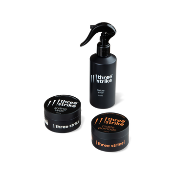Trio styling bundle by Three Strike Grooming featuring texture spray, styling wax, and matte pomade for men’s hair