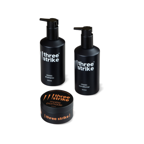 Wash and style bundle by Three Strike Grooming with classic shampoo, conditioner, and matte pomade for men’s grooming