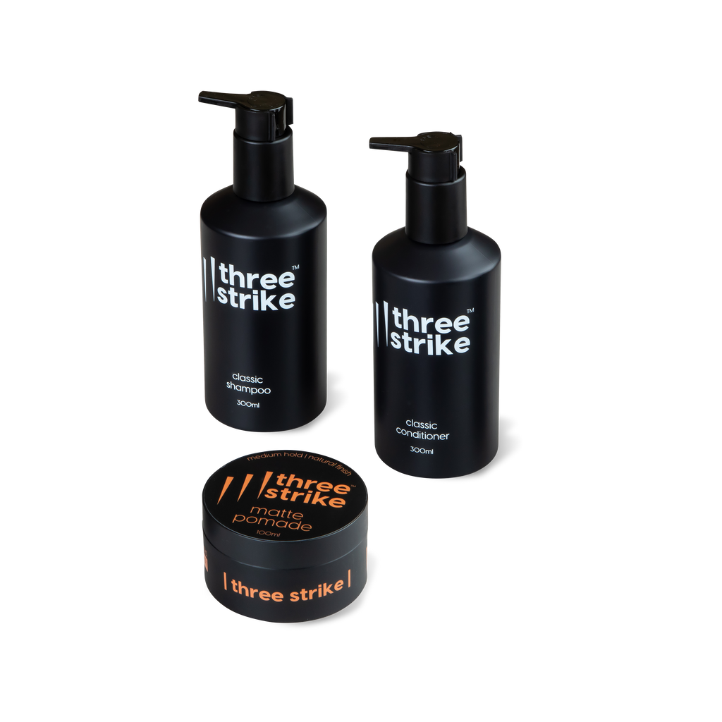 Wash and style bundle by Three Strike Grooming with classic shampoo, conditioner, and matte pomade for men’s grooming
