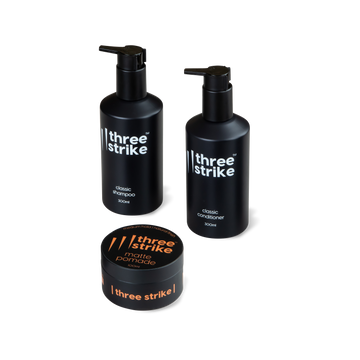 Wash and style bundle by Three Strike Grooming with classic shampoo, conditioner, and matte pomade for men’s grooming