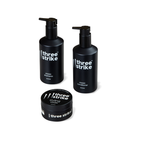 Wash and style bundle by Three Strike Grooming with classic shampoo, conditioner, and styling wax for men