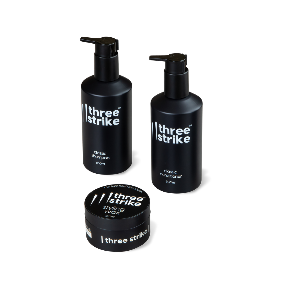 Wash and style bundle by Three Strike Grooming with classic shampoo, conditioner, and styling wax for men