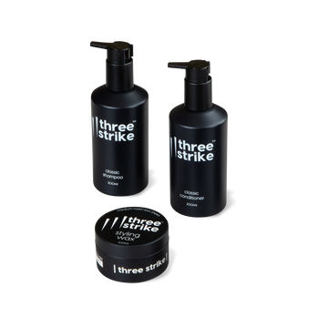 Wash and style bundle by Three Strike Grooming with classic shampoo, conditioner, and styling wax for men